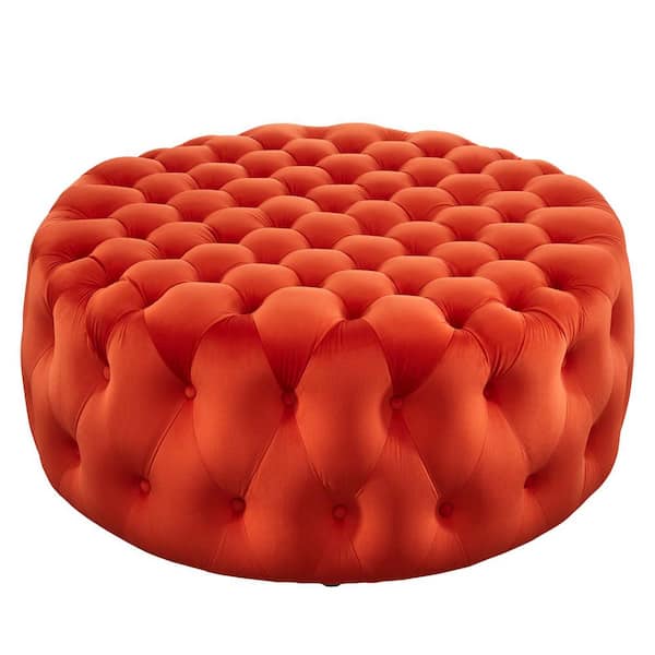 MODWAY Amour Tufted Button Large Round Performance Orange Velvet Ottoman