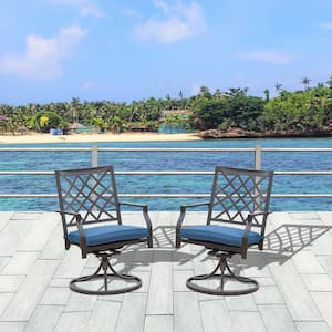 Black Metal Swivel Outdoor Bistro Dining Set Blue Cushion (2-Piece)