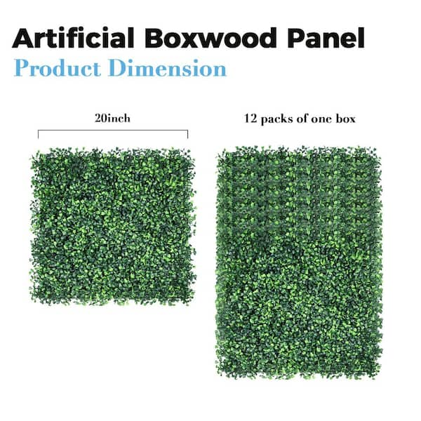 SQL 12- Pcs 20 in. x 20 in. x 1.8 in. Artificial Boxwood Hedge Panels, Fake Grass Greenery Wall for Outdoor and Indoor Use