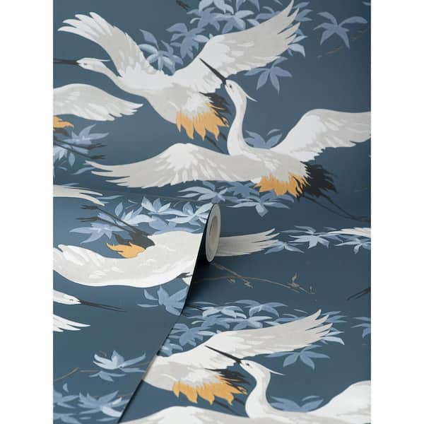 Cranes Wallpaper Navy Blue/Mustard Fine Decor M1654