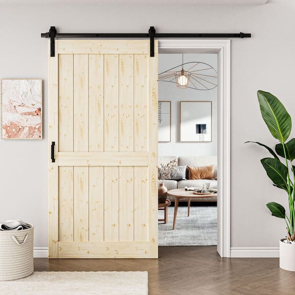 42 in. x 84 in. Paneled H Shape Solid Core Unfinished Pine Wood Sliding Barn Door Slab with Hardware Kit and Soft Close
