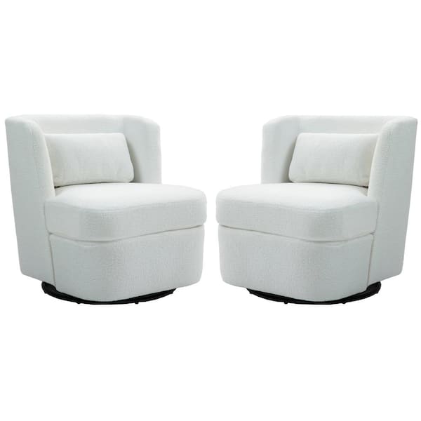 Uixe White Teddy Fabric Upholstered 360° Swivel Accent Barrel Chair with Metal Base(Set of 2)
