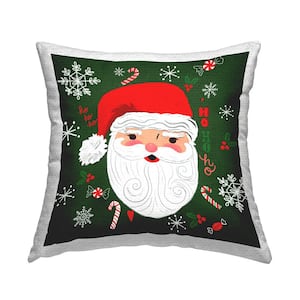 Santa Claus Holiday Snowflakes Green Square Outdoor Throw Pillow