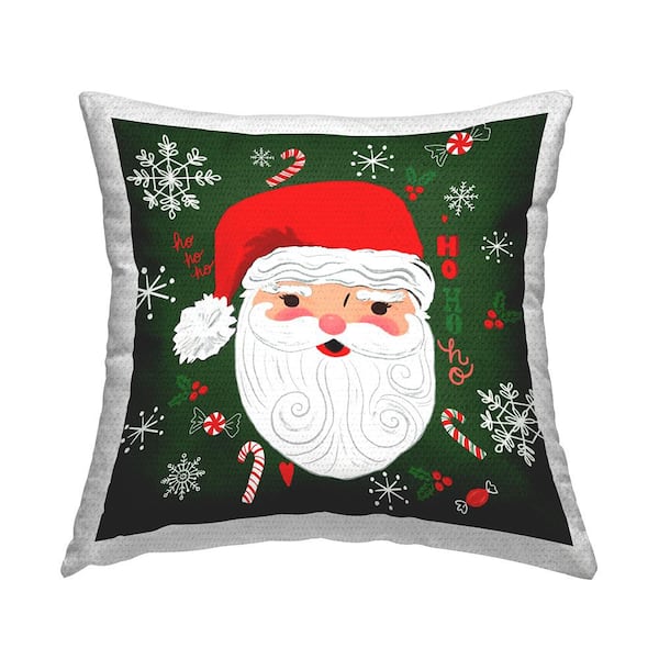 Santa Claus Holiday Snowflakes Green Square Outdoor Throw Pillow