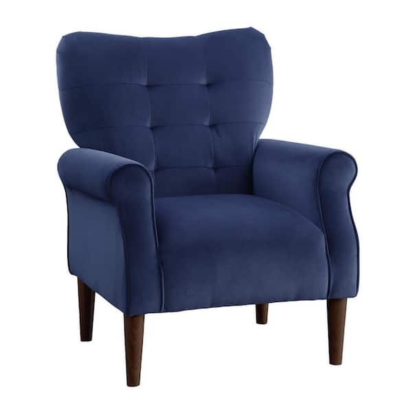 Benjara Navy Blue and Brown Velvet Arm Chair with Tufted