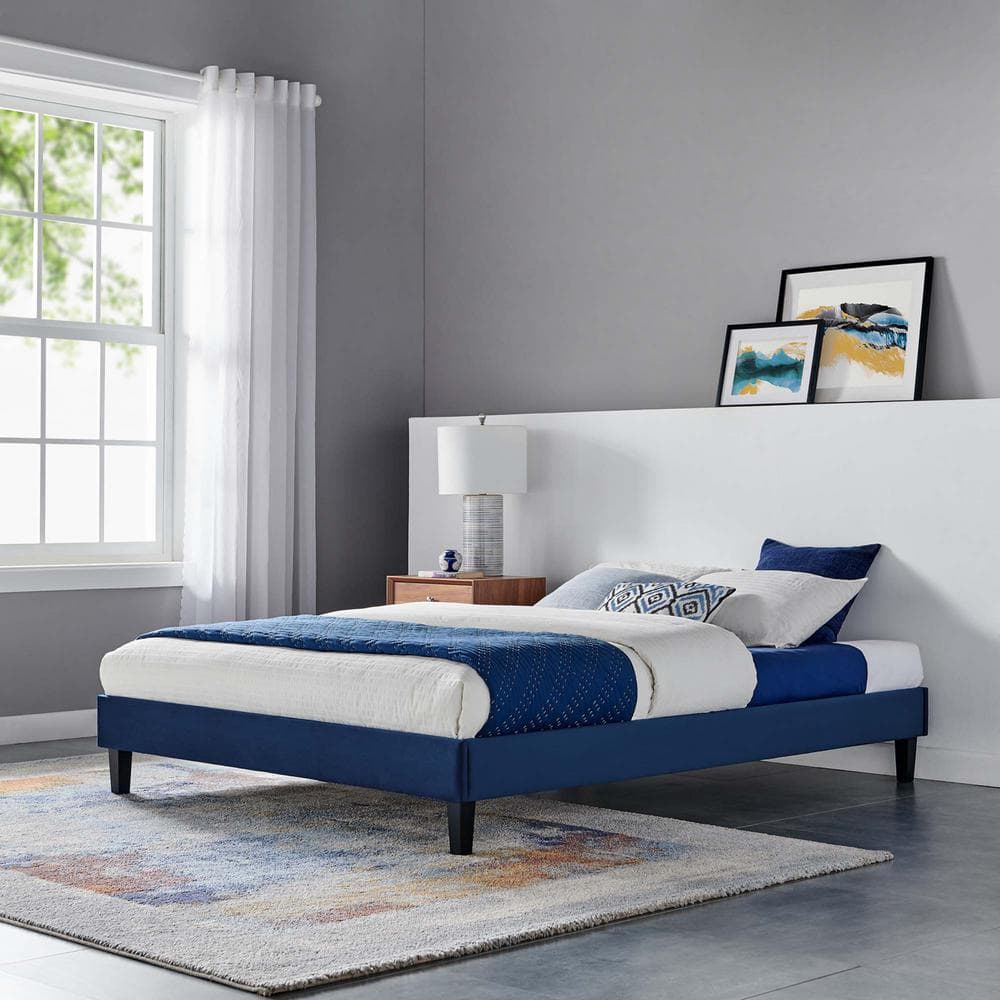 Regal Navy Queen Velvet Upholstered Platform Bed with Tufted Headboard