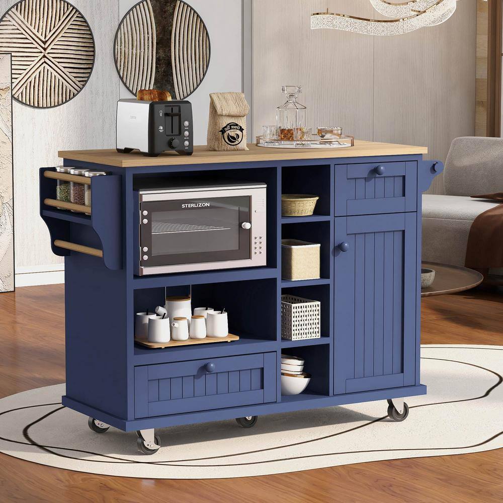 Dark Blue Wood Kitchen Cart with Spice Rack and Storage