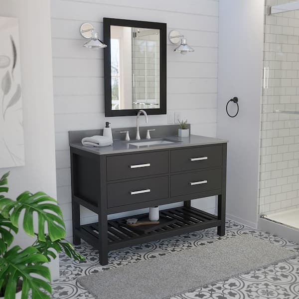 Valencia 48 in. W x 22 in. D x 34 in . H Oak Console Vanity with Rectangular Undermount Sink - Black with Gray Top