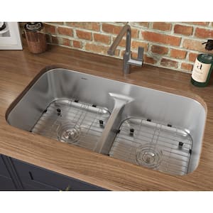 Undermount Stainless Steel 32 in. 16-Gauge 50/50 Low Divide Double Bowl Kitchen Sink