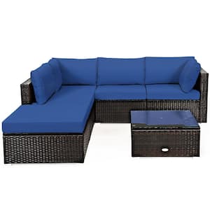 6-Piece Wicker Rattan Outdoor Patio Sectional Sofa Set Outdoor Furniture Set with Navy Cushions
