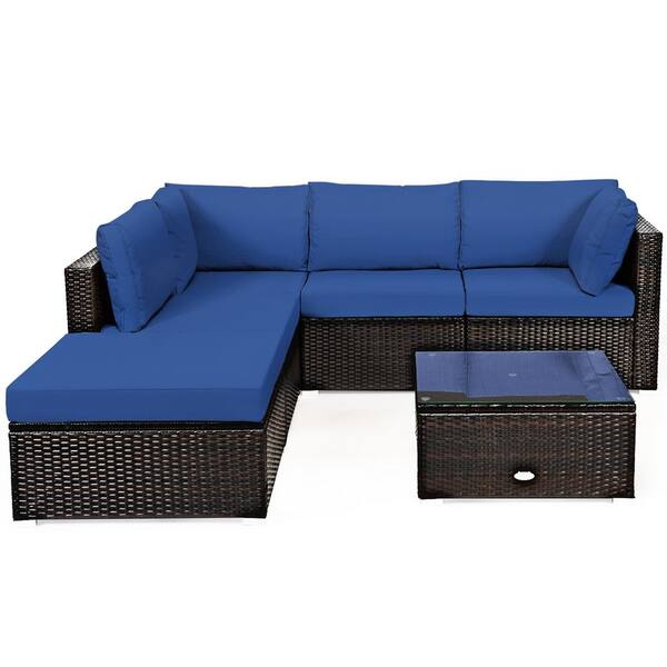 6-Piece Wicker Rattan Outdoor Patio Sectional Sofa Set Outdoor Furniture Set with Navy Cushions