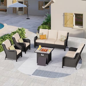 Janus Brown 5-Piece Wicker Patio Fire Pit Conversation Seating Set with Beige Cushions