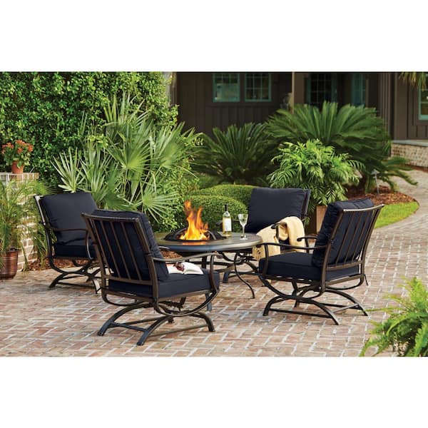 Hampton Bay Redwood Valley Black 5-Piece Steel Outdoor Patio Fire Pit Seating Set with CushionGuard Midnight Navy Blue Cushions