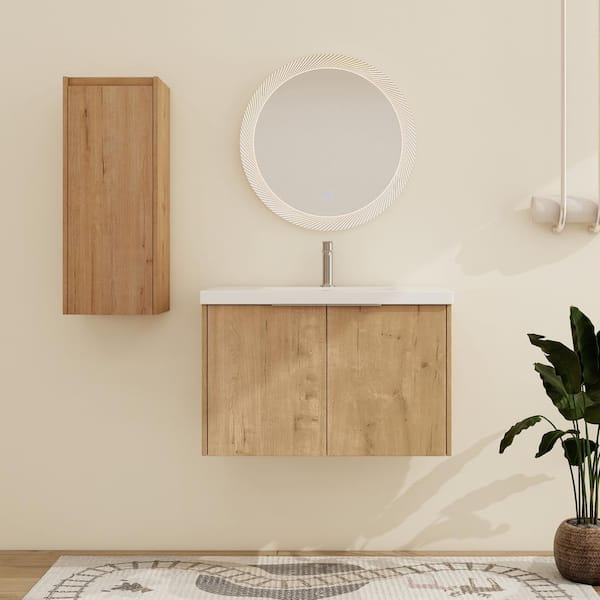 ARTCHIRLY 29.5 in. W x 18.1 in. D x 19.3 in. H Wall-Mounted Bath Vanity in Light Brown with White Resin Vanity Top