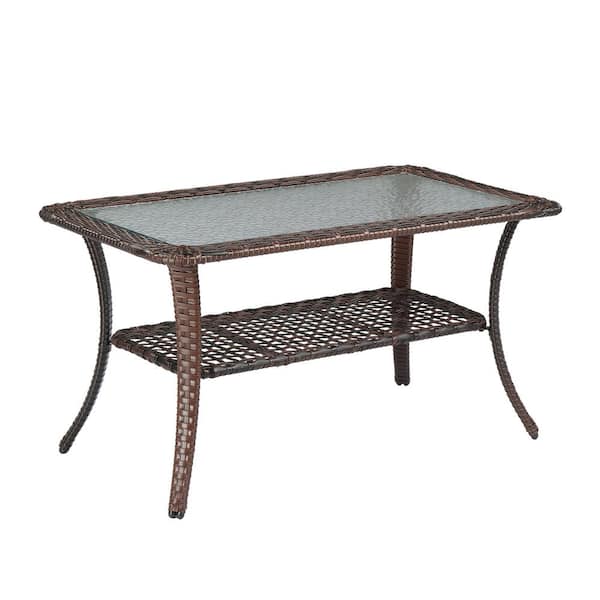 Brown Rectangular Patio Wicker Coffee Table With Glass Top