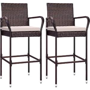 Wicker Outdoor Bar Stools With Armrests and Cushions (2-Pack)