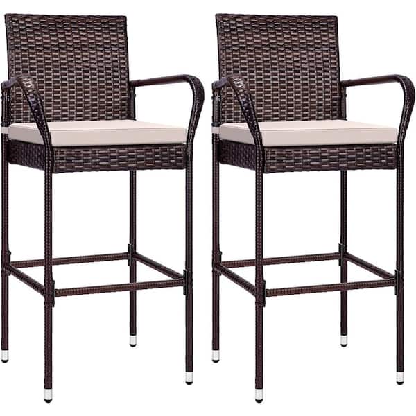 VIVOHOME Wicker Outdoor Bar Stools With Armrests and Cushions (2-Pack)