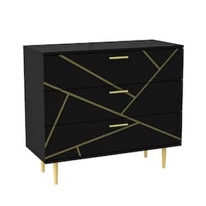 Black 3 Drawers 32.6 in. Width Chest of Drawers, Storage Cabinet, Side Table, Nightstand with Golden Pattern Decor