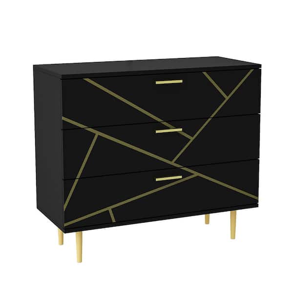 FUFU&GAGA Black 3 Drawers 32.6 in. Width Chest of Drawers, Storage Cabinet, Side Table, Nightstand with Golden Pattern Decor