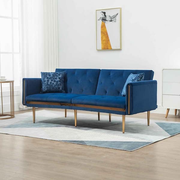 Seafuloy 73.23 in. W Flared Arm Velvet Straight Sofa Bed in Blue