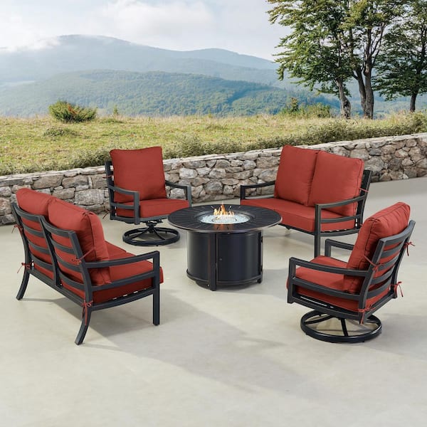 Oakland Living Black 7-Piece Aluminum Patio Fire Pit with 2-Deep Seating Loveseat and 2-Club Chairs Red Cushions