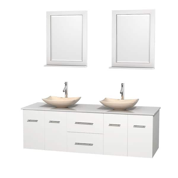 Wyndham Collection Centra 72 in. Double Vanity in White with Solid-Surface Vanity Top in White, Ivory Marble Sinks and 24 in. Mirrors