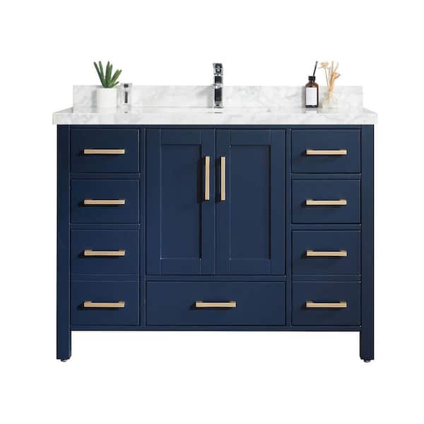 Willow Collections Malibu 42 in. W x 22 in. D x 36 in. H Bath Vanity in Navy Blue with 2 in. Carrara Marble Top