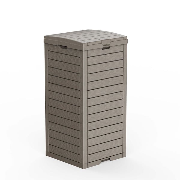 31 Gal. Grey Resin Deck Box with Tiered Lid and Drip Tray for Garden, Backyard, Deck
