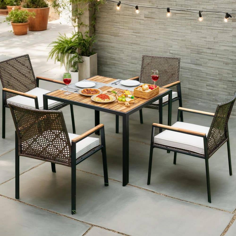 5-Piece Wicker Outdoor Dining Set with Dark Brown Cushion, Table and Umbrella Hole price history on PriceWatchPro