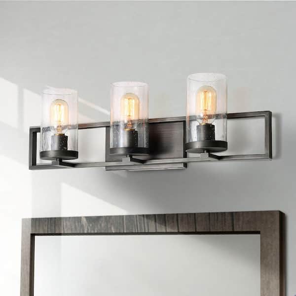LNC Modern Brushed Gray Linear 3-Light Vanity Light Bathroom Powder Room Arched Mirror with Cylinder Seeded Glass Shades