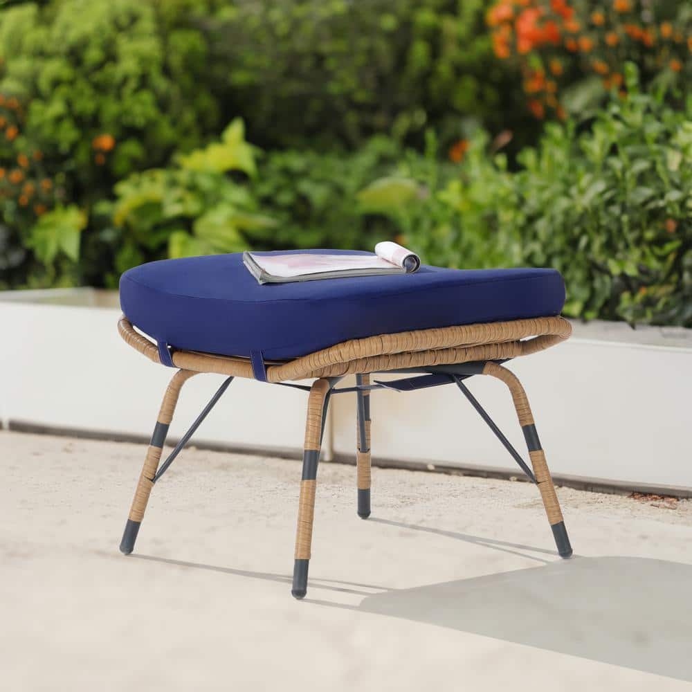 Brown Wicker All Weather Rattan Outdoor Ottoman with Removable Navy Blue Cu