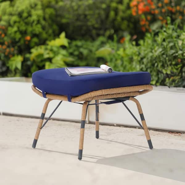 SANSTAR Brown Wicker All Weather Rattan Outdoor Ottoman with Removable Navy Blue Cushions