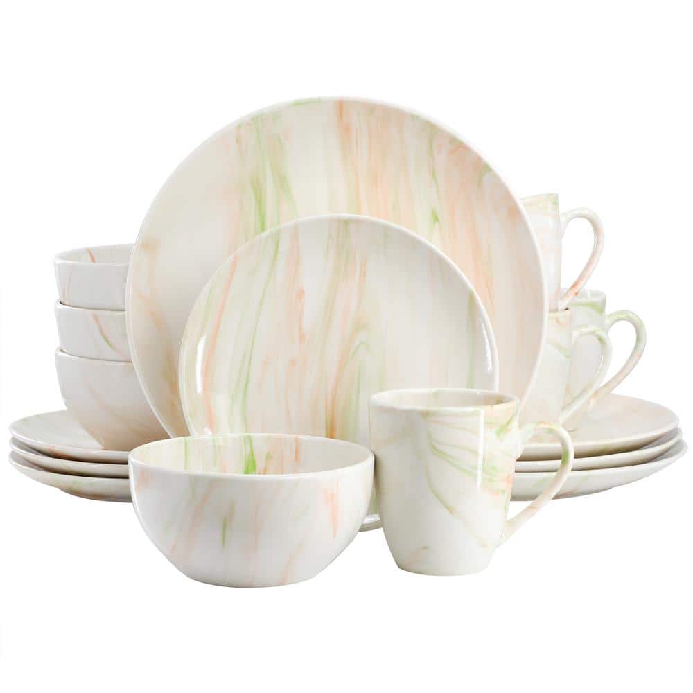 Fine Marble 16-Piece Porcelain Dinnerware Set in Orange and Green