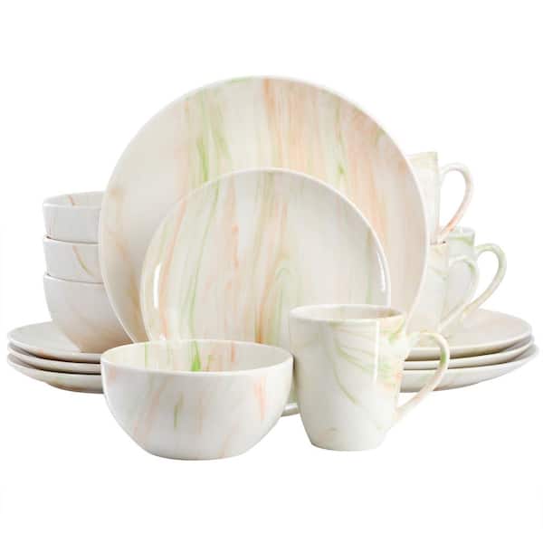 Fine Marble 16-Piece Porcelain Dinnerware Set in Orange and Green