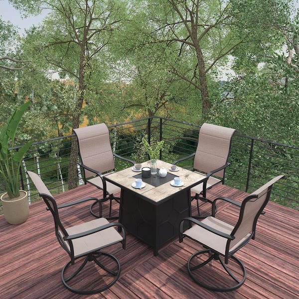 Unbranded Black 5-Piece Metal Outdoor Patio Fire Pit Seating Set 28 in. Square with Brown Textilene Swivel Chairs