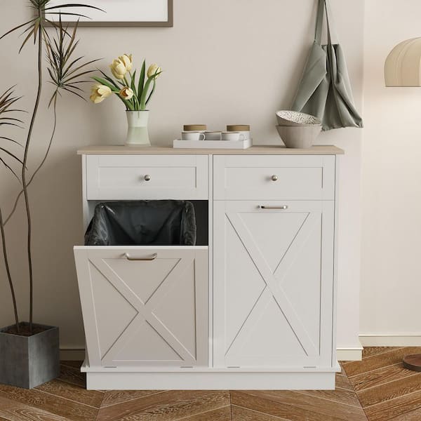 Puluomis 39.4 in. W x 11.8 in. D x 35.4 in. H in White MDF Assemble Kitchen Cabinet with Drawer Recycling Trash Cabinet