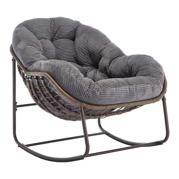Hand-Woven Wicker Outdoor Rocking Chair with Padded Cushion in Light Gray