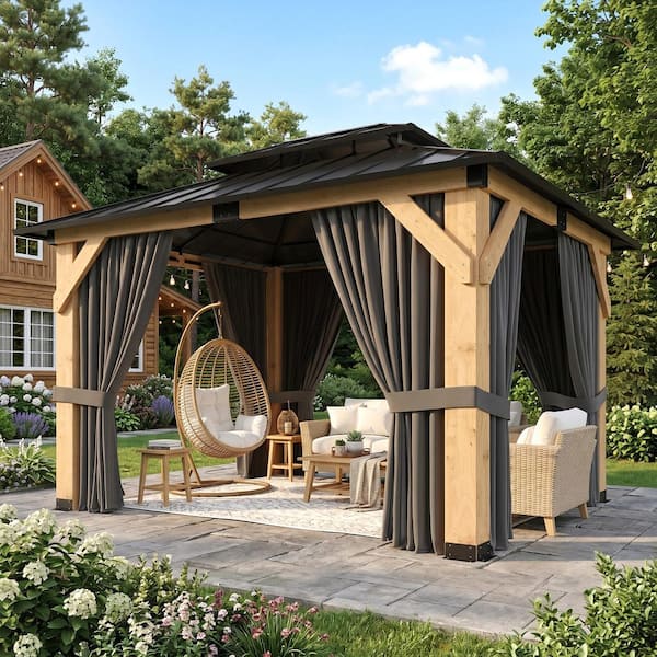 10 ft. x 12 ft. Outdoor Wooden Gazebo with Curtain and Netting Cedar Wood Patio Gazebo with Galvanized Steel Double Roof