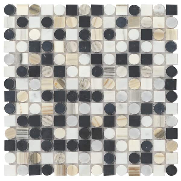 Modni Eastern White / Nero Marquina / Calacatta Zebrino 1x1 in. Geometric Honed Marble Mosaic Tile (10.1 sq. ft. /Case)