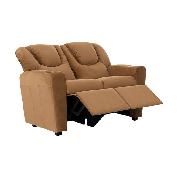 HOMESTOCK Brown Pushback Kids Loveseat with Footrest and Cupholders