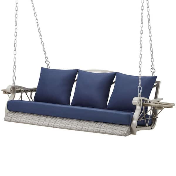 3-Person Light Gray Wicker Porch Swing Chair with Blue Cushions & Cup-Holder & Steel Chains for Deck, Backyard, Garden