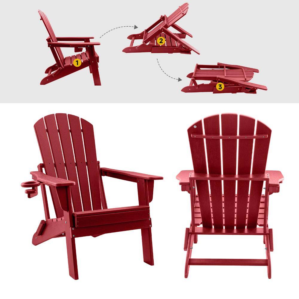 Multiple views of a red HDPE Adirondack chair showing assembly and different angles.