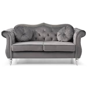 Hollywood 68 in. Round Arm Velvet Rectangle Tufted Straight Sofa in Gray