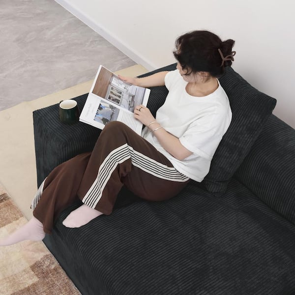 J&E Home Black Corduroy Velevt Square Arm Module Sofa Chaise Lounge