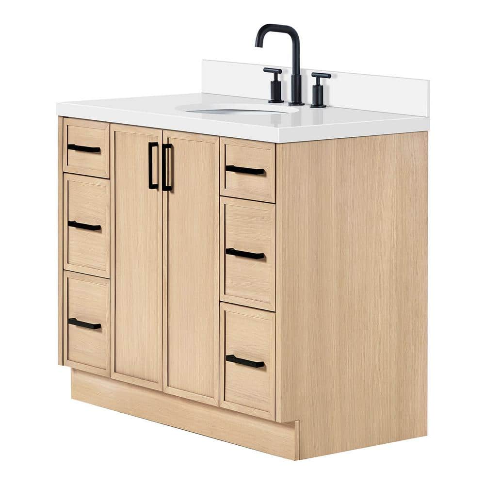 Oak Single Sink Bathroom Vanity with Pure White Quartz Top