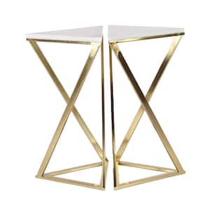 12 in. Gold Large Triangle Marble End Accent Table with Marble Top (2- Pieces)