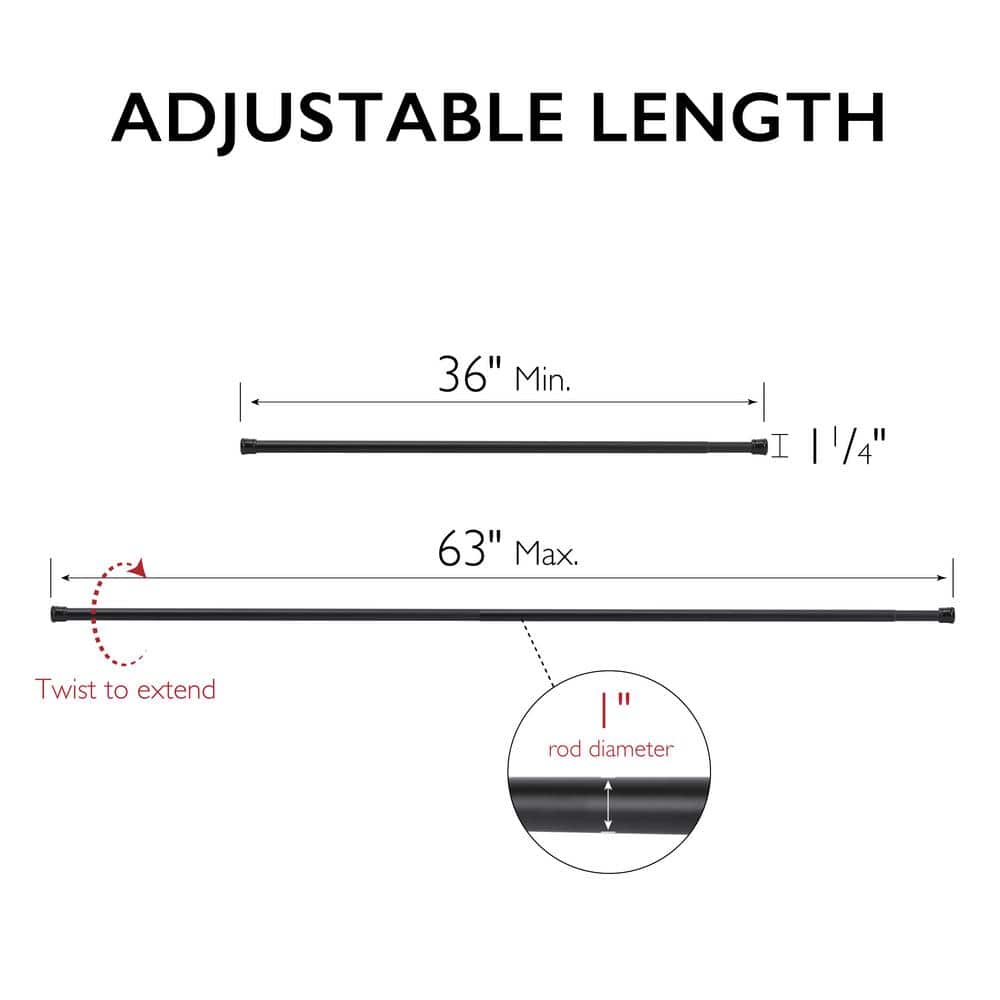 Matte Black Adjustable Steel Tension Shower Rod, 36 to 63 Inches