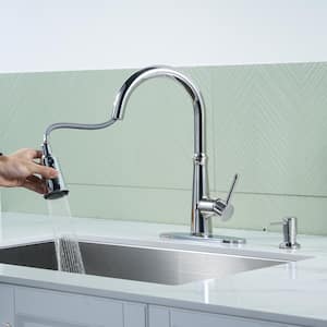 Single Handle Pull Down Sprayer Kitchen Faucet with 3-Function Sprayer and Soap Dispenser in Polished Chrome