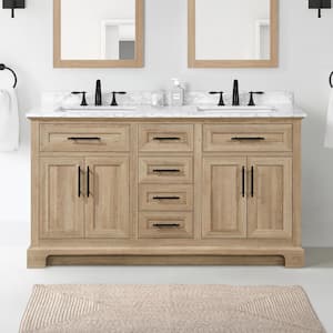 Doveton 60 in. Double Sink Freestanding Weathered Tan Bath Vanity with White Engineered Marble Top (Fully Assembled)