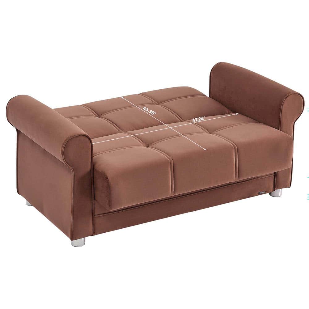 Chenille Brown Microfiber Loveseat with Round Arm and Storage